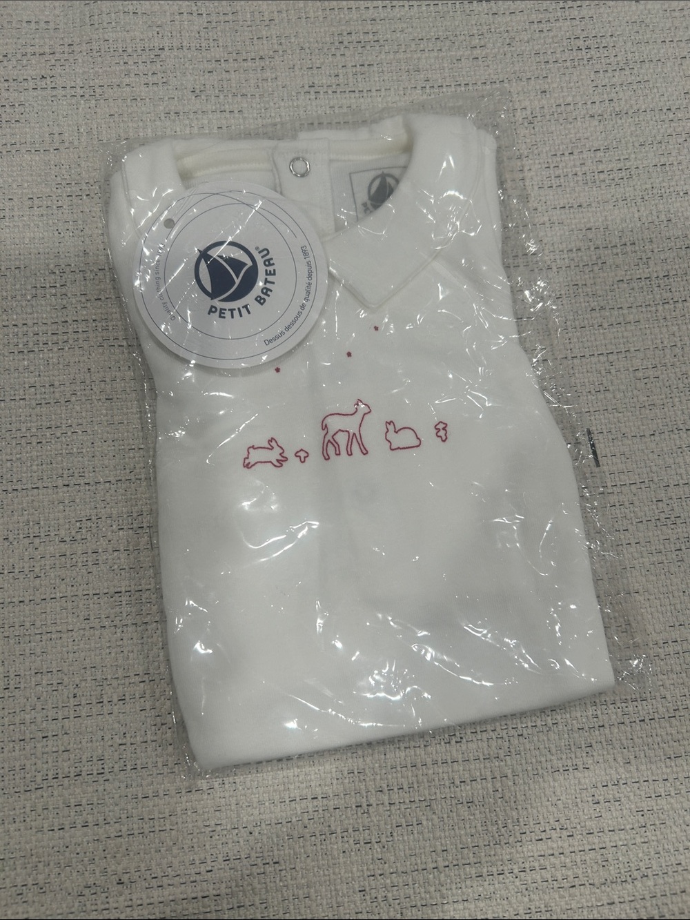Petit Bateau White Polo Ones Piece Top with Red Animal Motif